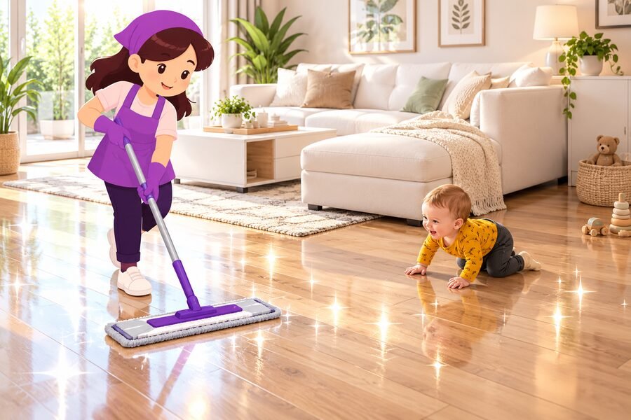 A SusyQ cleaner mopping a wood floor while a baby crawls nearby