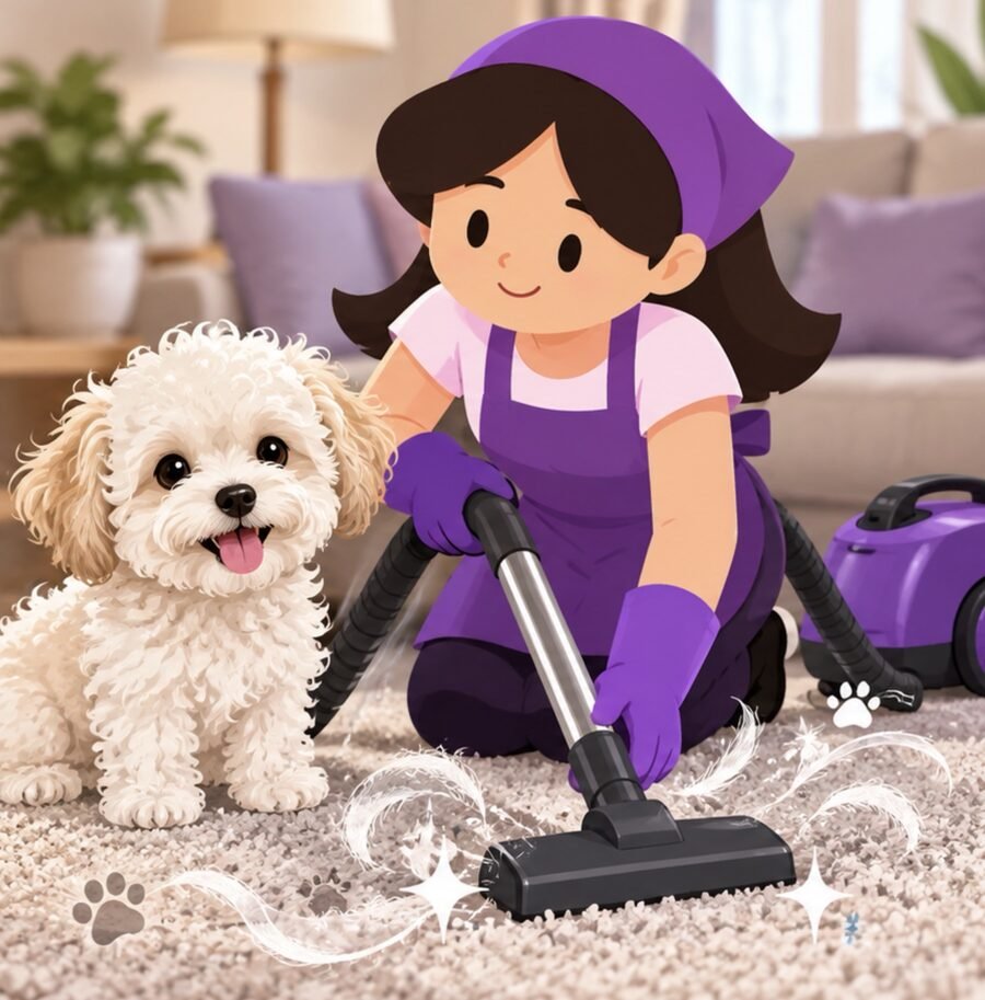 A SusyQ cleaner vacuuming pet hair from a carpet beside a small white dog