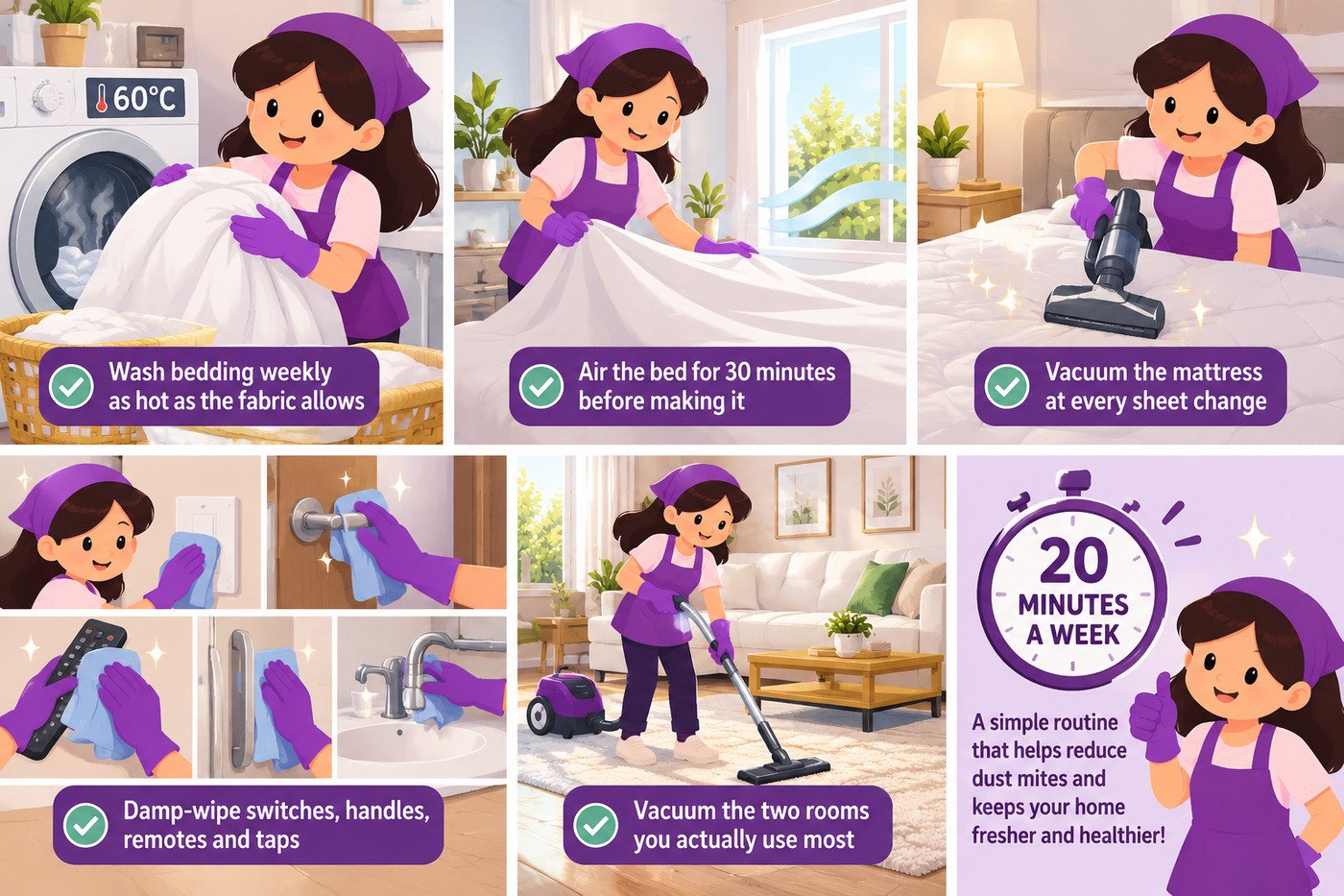 A six-panel routine: wash bedding weekly as hot as the fabric allows, air the bed for 30 minutes before making it, vacuum the mattress at every sheet change, damp-wipe switches, handles, remotes and taps, vacuum the two rooms you use most — about 20 minutes a week