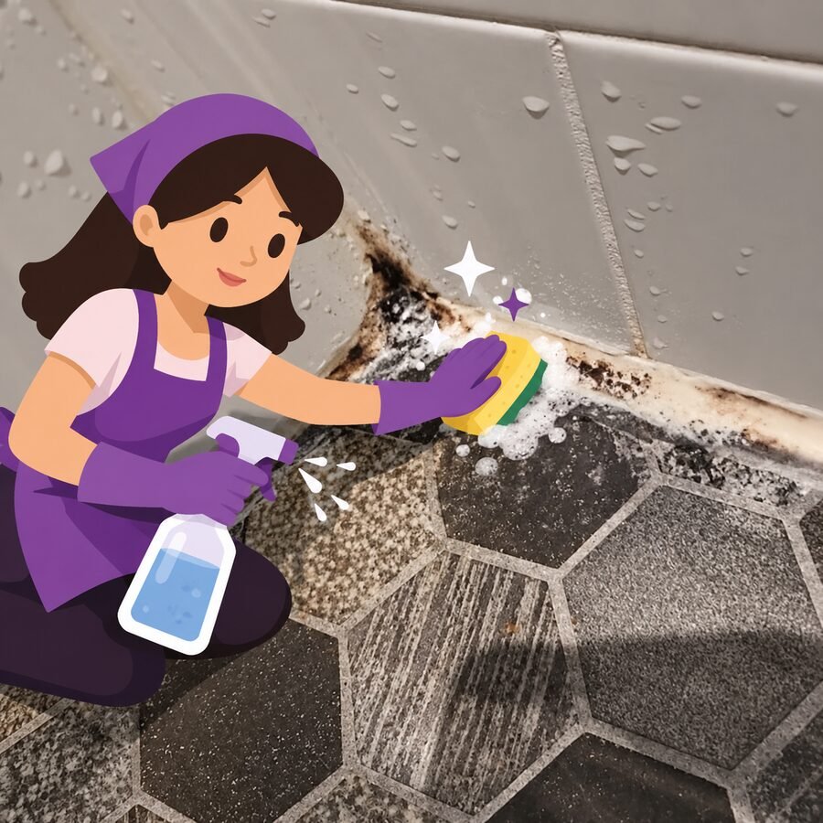 A SusyQ cleaner scrubbing black mildew out of tile grout with a sponge and spray