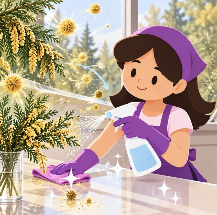 A SusyQ cleaner wiping pollen from a windowsill with cedar branches outside the glass